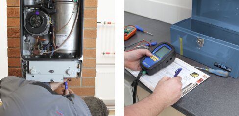 Engineer servicing an open boiler and recording flue gas readings