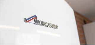 Close-up of a white Worcester gas boiler casing