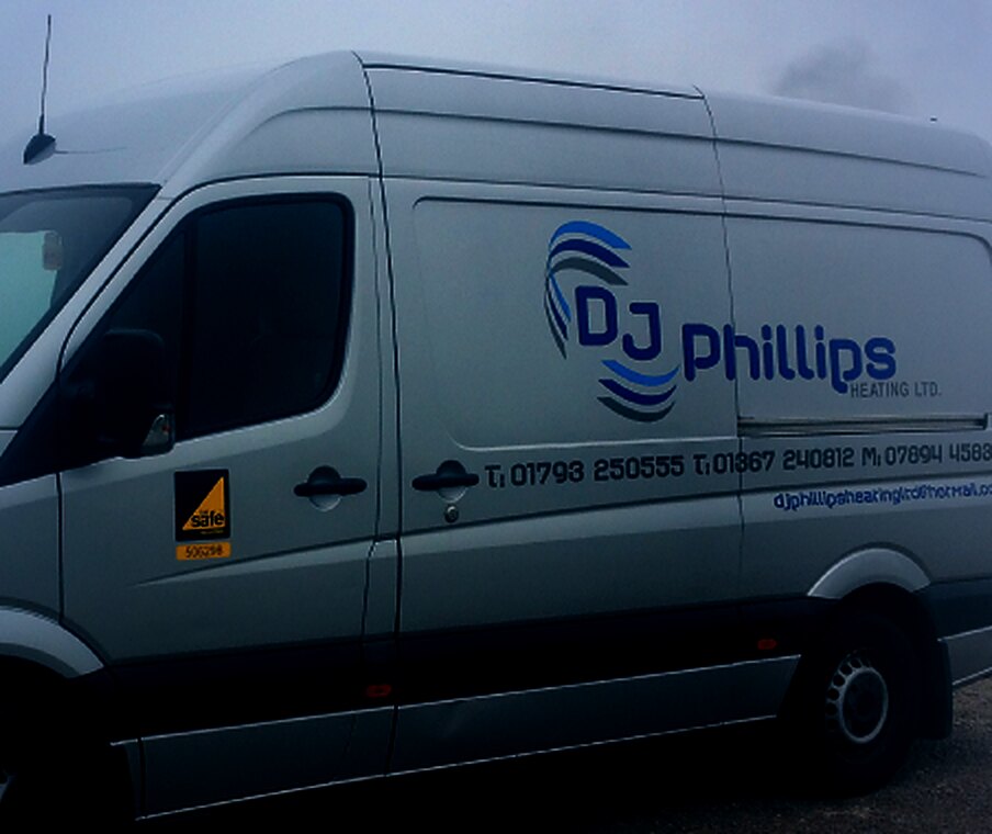 The D J Phillips Heating Ltd van with its blue swoosh livery